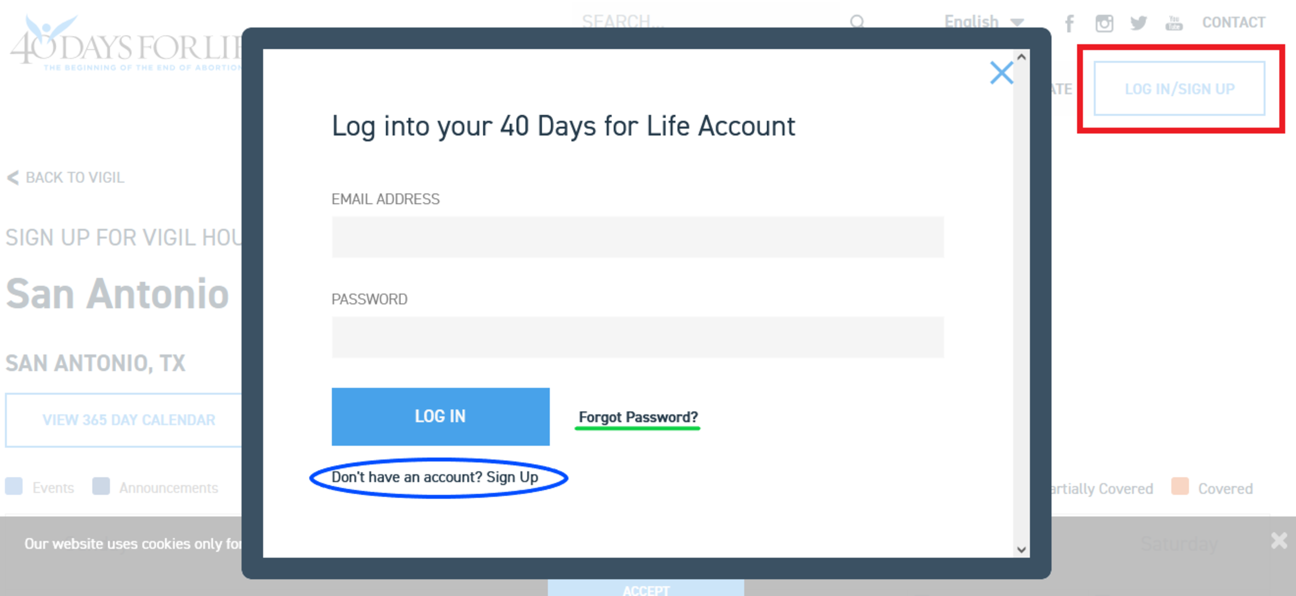 40DFL Log In, Sign Up, and Forgot Password window